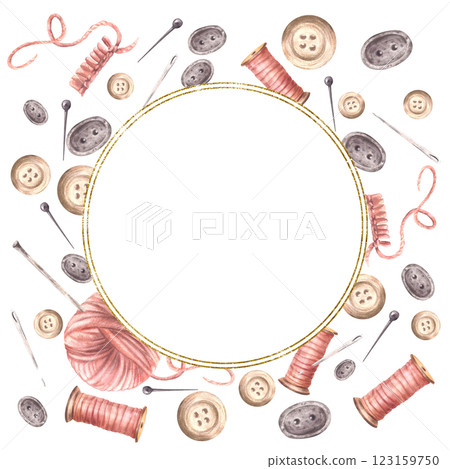 Sewing set frame. Buttons, pink yarn ball with knitting needles, thread spool and sewing pins circle golden framed. Hobby round label template. Watercolor painted illustration isolated from background 123159750