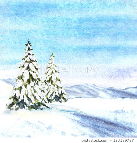 Winter landscape with snow covered pine, spruce or fir tree with snowy hills and blue sky. Winter forest and snowdrifts. Watercolor hand painted illustration isolated from background for holiday card. 123159757