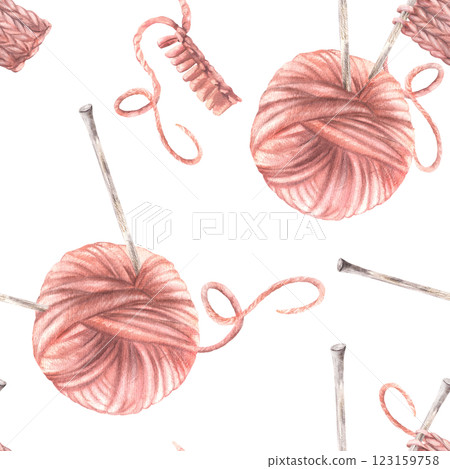 Pink ball of yarn, clew. Knitted fabric with knitting needles, thread seamless pattern. Watercolor hand drawn illustration. Handmade hobby product labelling, fabric, wallpaper Isolated from background Pink ball of yarn, clew. Knitted fabric with knitting needles, thread seamless pattern. Watercolor hand drawn illustration. Handmade hobby product labelling, fabric, wallpaper Isolated from background 123159758