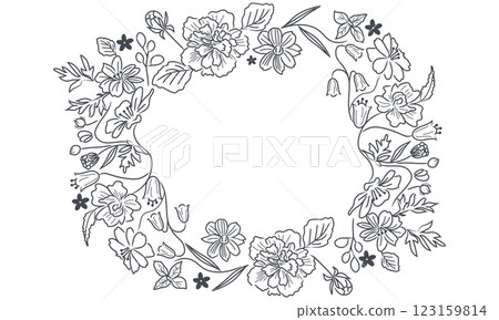 Cute flower wreath (rough hand-drawn botanical line drawing frame material) 123159814
