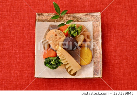 Boiled vegetables, bamboo shoots, rape blossoms, lotus root, shiitake mushrooms, carrots, burdock, radish, konnyaku, ganmodoki, and simmered dishes. Boiled vegetables, bamboo shoots, rape blossoms, lotus root, shiitake mushrooms, carrots, burdock, radish, konnyaku, ganmodoki, and simmered dishes. 123159945