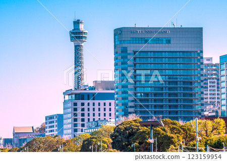 Yokohama cityscape in Japan - View of Yokohama Marine Tower and Hotel New Grand in front of Yamashita Park 123159954