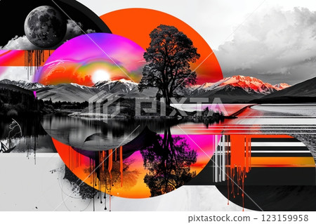 Vibrant Surreal Landscape with Abstract Geometric Shapes and Mountain Reflections 123159958