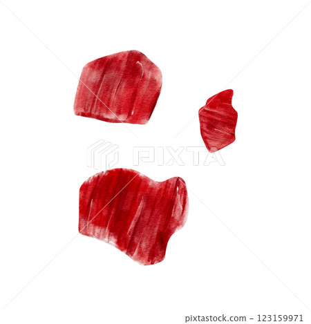 pieces of meat. red stones. pieces of plastic, fabric. juicy raw pieces of lamb and beef. Corduroy fabric. Red blood stains. Periods. Watercolor illustration isolated from background.  123159971
