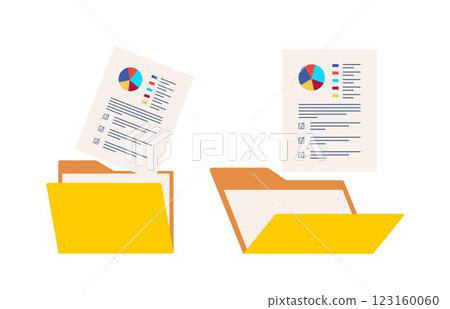 Open folder and documents, statistical data with charts, diagrams. Workplace documents for financial statistics, reporting, strategy development. Data analysis. Vector illustration. 123160060
