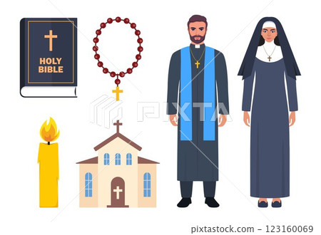 Christianity religious spiritual elements. Catholic priest and nun. Church, bible, candle, prayer beads. Peace religion communion. Vector illustration. 123160069