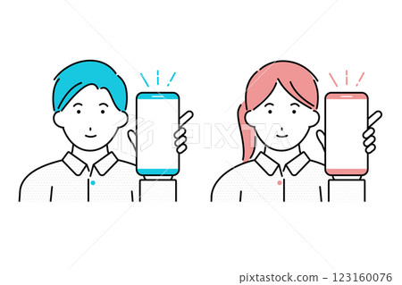 一名年輕男女展示他們的智慧型手機螢幕的插圖 123160076