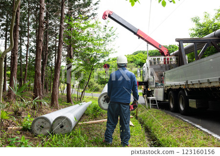 Small mobile crane for transporting and unloading utility poles Small mobile crane for transporting and unloading utility poles 123160156