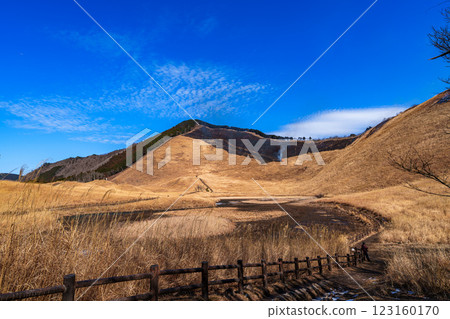 Soni Plateau on the day of the mountain burning on February 15, 2025. The two-tone color of Mt. Kuraizu and the cirrus clouds spreading across the sky. Soni Plateau on the day of the mountain burning on February 15, 2025. The two-tone color of Mt. Kuraizu and the cirrus clouds spreading across the sky. 123160170