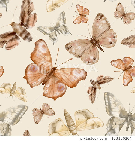 Brown and beige butterflies in vintage style on a isolated background, seamless pattern. Watercolor illustration. For fabric,textiles, wallpaper, wrapping paper, wrappers, covers, prints, clothing. 123160204