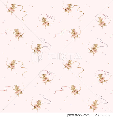 Seamless watercolor pattern with mouse ballerina with ribbon in a pink tutu. Illustration of background for nursery wallpaper, baby decor, textiles, or children paper with beige animals. 123160205