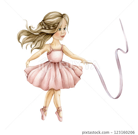 Watercolor dancing ballerina in pink dress and blond brown hair with ribbon. Hand drawn young ballerina kid for girls baby shower card. Cute illustration for childish posters or nursery wall art 123160206