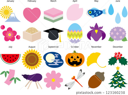Symbolic seasonal icon illustrations for each month 123160238