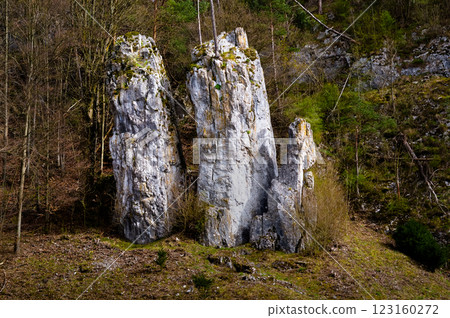 Rock formation in the Moravian Karts called Father Mother and Son. South Moravia, Czech Republic. 123160272