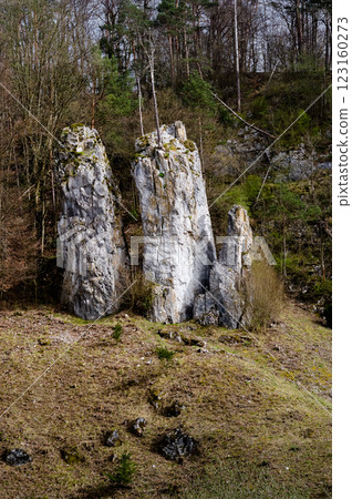 Rock formation in the Moravian Karts called Father Mother and Son. South Moravia, Czech Republic. 123160273