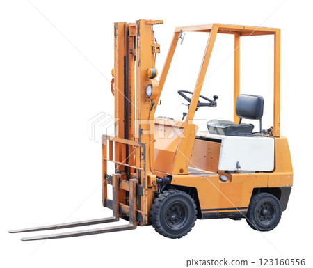Orange forklift seen from the side on a white background 123160556