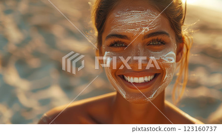Smiling woman with skincare cream on face at the beach Smiling woman with skincare cream on face at the beach 123160737