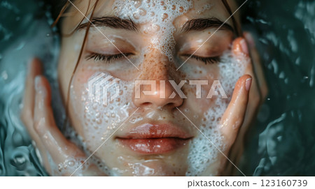 Relaxed woman submerged in water with foamy bubbles Relaxed woman submerged in water with foamy bubbles 123160739