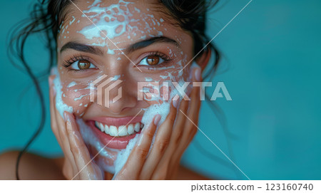 Smiling woman washing face with foamy cleanser Smiling woman washing face with foamy cleanser 123160740