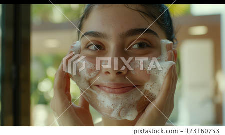 Smiling girl washing face with soap foam 123160753