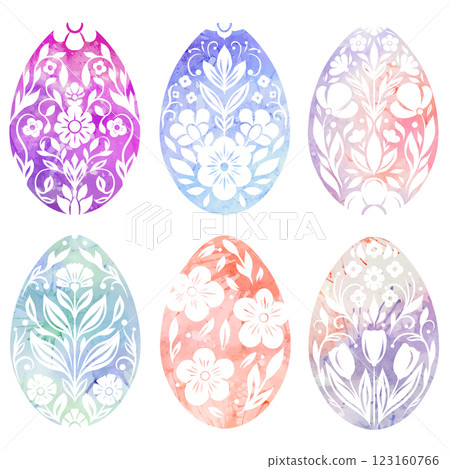Vector set of colorful watercolor Easter egg clip art in folk art style. Collection of tracery decorative holiday eggs silhouettes. Vector set of colorful watercolor Easter egg clip art in folk art style. Collection of tracery decorative holiday eggs silhouettes. 123160766