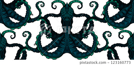 Vector seamless pattern with dark creepy octopuses on a white background. Texture with sea inhabitants with tentacles 123160773
