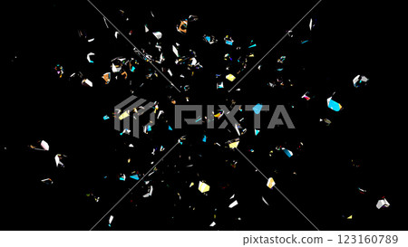 Iridescent Glass Shards Floating on Black Background 123160789