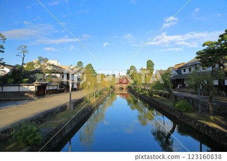 A spectacular view of the Kurashiki Bikan Historical Quarter with the beautiful Kurashiki River reflecting the blue sky A spectacular view of the Kurashiki Bikan Historical Quarter with the beautiful Kurashiki River reflecting the blue sky 123160838
