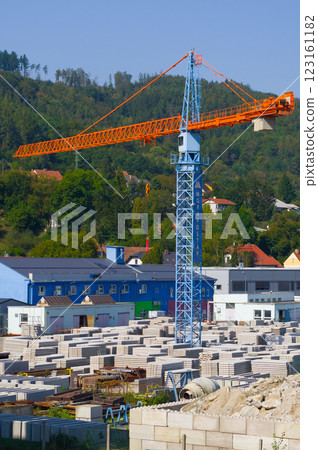 A large tower crane in the middle of the factory yard. Equipment for lifting and handling large and heavy loads. A large tower crane in the middle of the factory yard. Equipment for lifting and handling large and heavy loads. 123161182