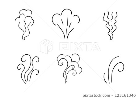 Steam smoke hand drawn line comic doodle. Aroma trail, cloud or wind silhouette. Smells hot air fragrance evaporate set. Steam smoke hand drawn line comic doodle. Aroma trail, cloud or wind silhouette. Smells hot air fragrance evaporate set. 123161340