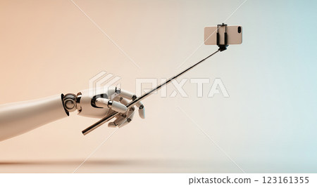 Robotic Arm with Selfie Stick in Futuristic Scene Robotic Arm with Selfie Stick in Futuristic Scene 123161355