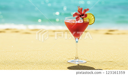 Vibrant Red Cocktail with Hibiscus Garnish 123161359