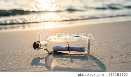 Message in a Bottle on Coastal Beach at Sunset 123161362