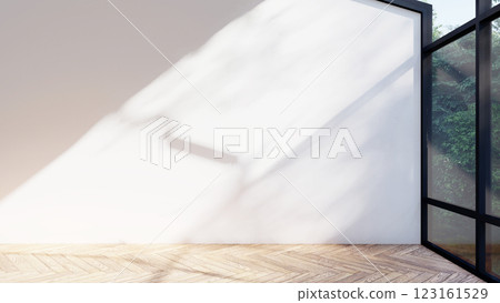 empty interior room shadow wall space background mock up architecture sunlight. empty home modern window light floor design apartment white house indoor. blank minimal concept backdrop bright clean. 123161529