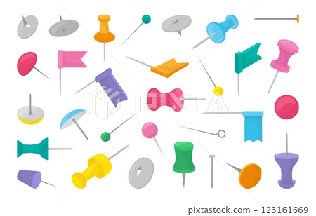 Cartoon pushpins. Isolated push pin, thumbtacks and attaching buttles. Different needles, accessories for cork board. Flags and pushpin, neoteric vector set 123161669