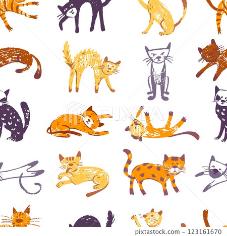 Kittens seamless pattern. Crayon drawing cats print design. Primitive cat style template for different fabric, wallpaper, webpage, neoteric vector background Kittens seamless pattern. Crayon drawing cats print design. Primitive cat style template for different fabric, wallpaper, webpage, neoteric vector background 123161670