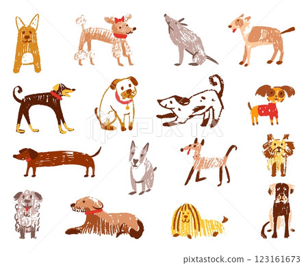 Children style drawing dogs. Colored pencil dog, crayon stylish animals. Childish hand drawn terrier bulldog poodle puppy. Isolated neoteric vector characters 123161673