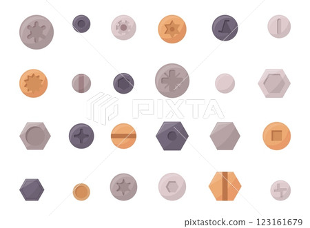 Bolts screws heads. Different screw top view. Industrial construction isolated elements, fasteners tools for repair and building, carpenter work, neoteric vector set Bolts screws heads. Different screw top view. Industrial construction isolated elements, fasteners tools for repair and building, carpenter work, neoteric vector set 123161679