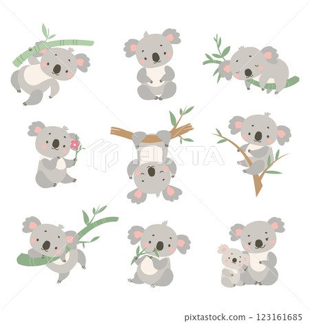 Cute koala. Cartoon koalas, wild australian bears on eucalyptus tree branches. Funny animals in different poses, children mascots nowaday vector clipart 123161685