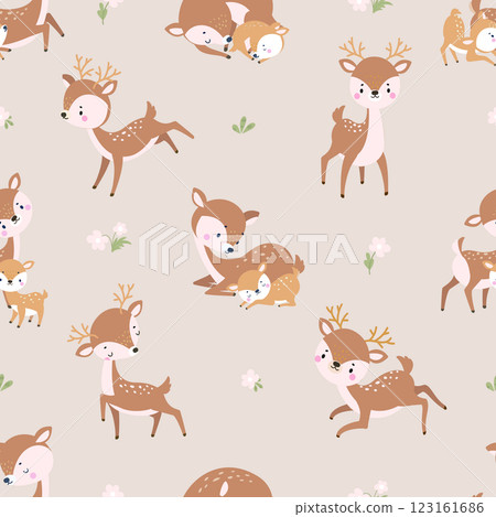 Deer seamless pattern. Forest wild deers, mother and baby animals. Cartoon print for fabric wallpaper wrapping design. Nature nowaday vector background 123161686
