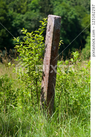 An old concrete post overgrown with grass and bushes. The remains of an abandoned and devastated garden fence. An old concrete post overgrown with grass and bushes. The remains of an abandoned and devastated garden fence. 123162297