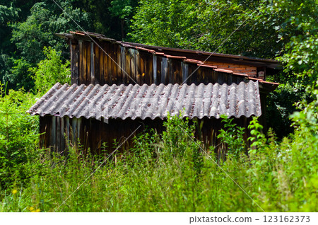 Old and damaged garden shed. This shed stands in an abandoned and devastated garden. 123162373