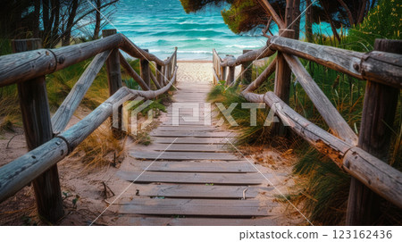 Wooden foothbridge in paradise panorama 123162436