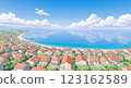 [Anime background] Blue sea and orange-roofed houses 123162589