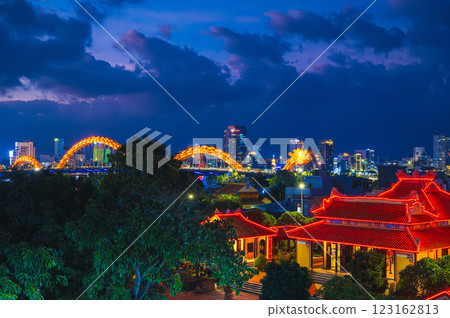 Panoramic view of Da Nang city with Dragon Bridge in Vietnam at night Panoramic view of Da Nang city with Dragon Bridge in Vietnam at night 123162813