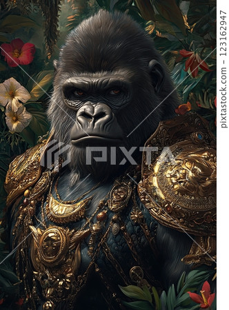 hyper-realistic digital painting of an elegant gorilla king, adorned with intricate armor and jewelry amidst lush green foliage and colorful flowers in the jungle hyper-realistic digital painting of an elegant gorilla king, adorned with intricate armor and jewelry amidst lush green foliage and colorful flowers in the jungle 123162947