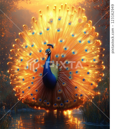 peacock with its feathers spread out. The background is an orange sky during the golden hour peacock with its feathers spread out. The background is an orange sky during the golden hour 123162949