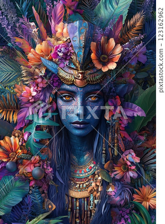 elegant egyptian scarab queen wearing jewelry and surrounded by lush jungle foliage, vibrant flowers, and intricate details in vivid colors 123162962