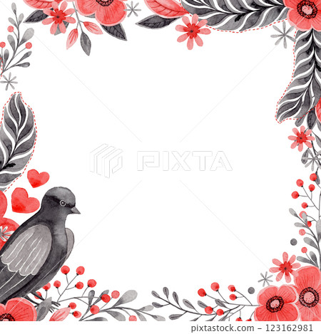 Square frame with dove and copy space in folk style. Stylized illustration in red and gray colors for wedding invitation creating. Hand drawn composition is perfect for romantic and love designs. 123162981