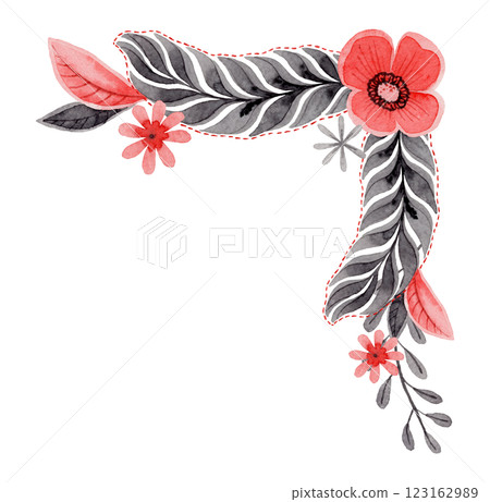 Corner composition with flower and feather in folk style. Stylized illustration in red and gray for wedding invitation creating. Hand drawn arrangement is perfect for romantic and love designs. Corner composition with flower and feather in folk style. Stylized illustration in red and gray for wedding invitation creating. Hand drawn arrangement is perfect for romantic and love designs. 123162989